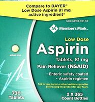  Members Mark Low Dose Aspirin 81mg  Pain reliever (NSAID) Enteric safety coated  Aspirin regimen - 