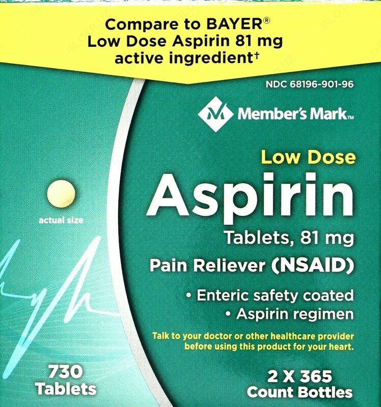  Members Mark Low Dose Aspirin 81mg  Pain reliever (NSAID) Enteric safety coated  Aspirin regimen - 