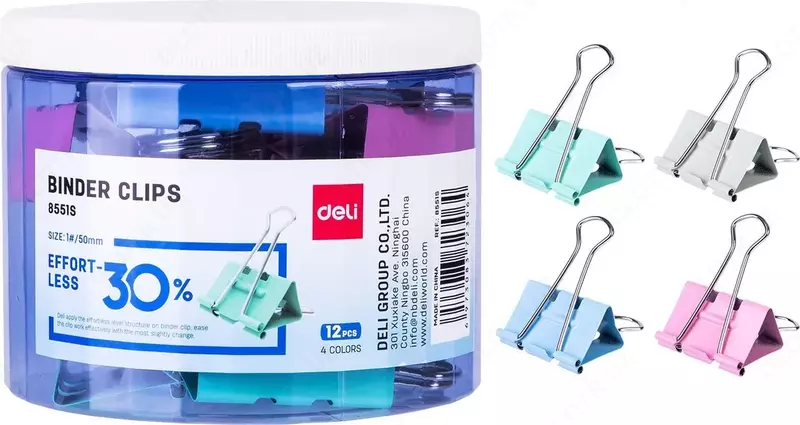 Зажимы для бумаги Deli E8551S с легким нажатием  50 мм  цветные  12 шт