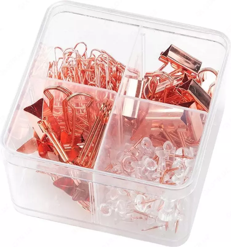 Набор канцелярский Deli 78551  розовое золото (скрепки  кнопки-гвоздики  зажимы)