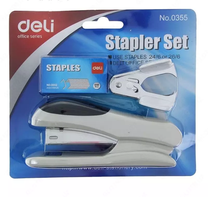   Канцелярский набор Deli E0355  степлер на 25 листов  антистеплер  скобы № 24/6