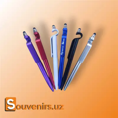 Stylus va telefon stendiga ega yaltiroq qalam