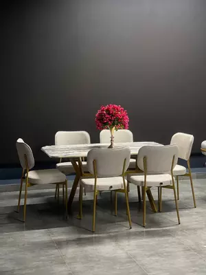 Прямоугольный стол с шестью мягкими стульями