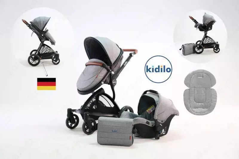  Детская коляска-трансформер 2 в 1 + сумка Kidilo 1609 (тёмно-серый) - 