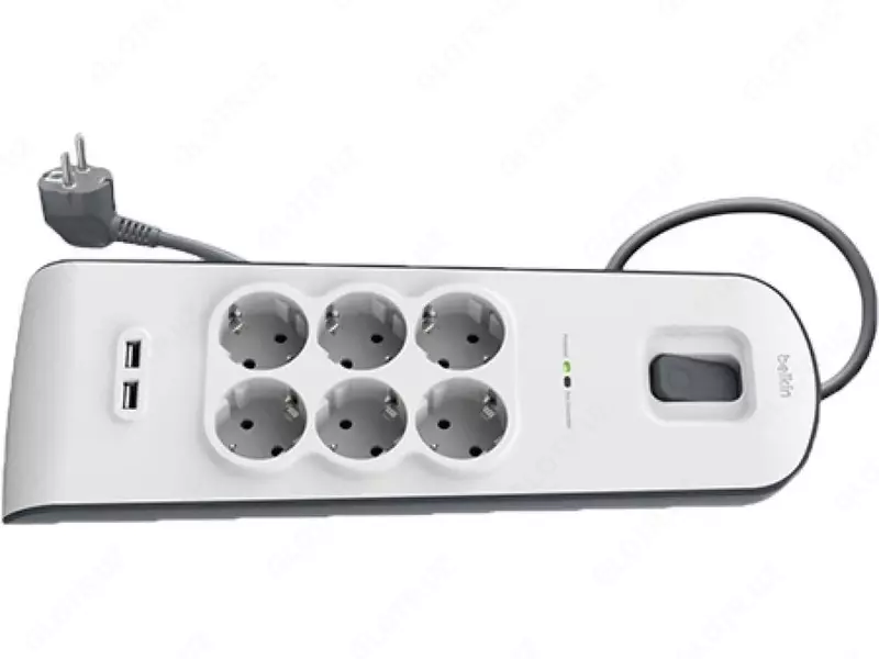 Сетевой фильтр Belkin c защитой от перенапряжения 6 роз., 2xUSB 2.4A, 650 Дж, UL 500 В, кабель 2м
