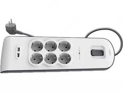 Сетевой фильтр Belkin c защитой от перенапряжения 6 роз., 2xUSB 2.4A, 650 Дж, UL 500 В, кабель 2м