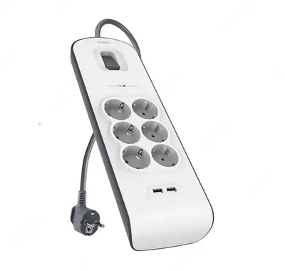 Сетевой фильтр Belkin c защитой от перенапряжения 6 роз., 2xUSB 2.4A, 650 Дж, UL 500 В, кабель 2м