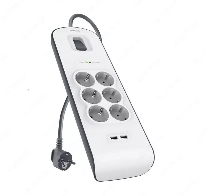 Сетевой фильтр Belkin c защитой от перенапряжения 6 роз., 2xUSB 2.4A, 650 Дж, UL 500 В, кабель 2м