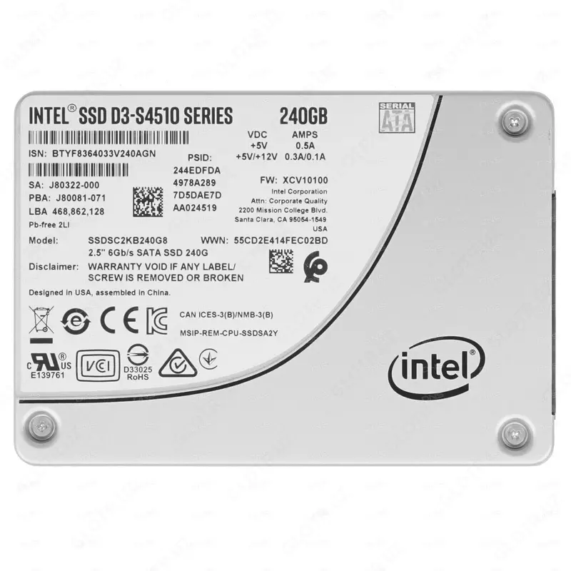 Накопитель SSD Intel S4510 Series, 240Gb, SATA, 3D TLC, 2,5" (арт. SSDSC2KB240G801)