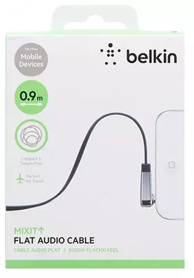 Аудиокабель Belkin CABLE, 3.5MM AUDIO, M/M, FLAT, RT ANGLE, 3', BLACK, 0,9 м (AV10128cw03-BLK)