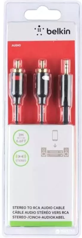 Kabel Belkin 3,5 mm/2xRCA, M/M, 2M, PORTATIV, QORA, OLTIN, 2 m (F3Y116bt2M)