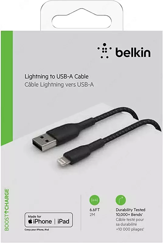 Кабель Belkin BRAIDED A-LTG black, 1 м (CAA002BT1MBK)