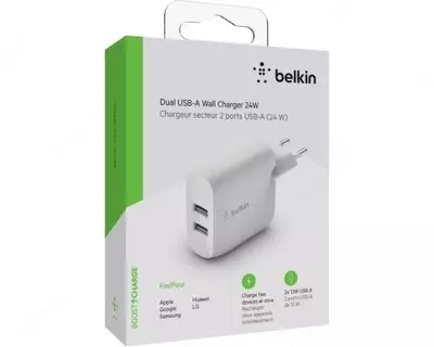 Devorga zaryadlovchi Belkin Home Charger (24W) DUAL USB 2.4 A, oq (WCB002VFWH)