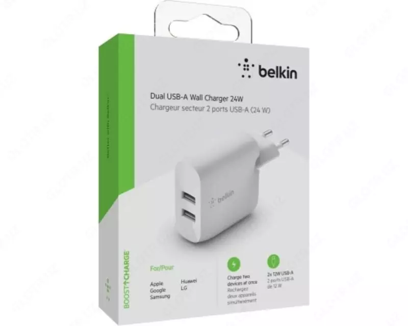 Сетевое зарядное устройство Belkin Home Charger (24W) DUAL USB 2.4 A, white (WCB002VFWH)