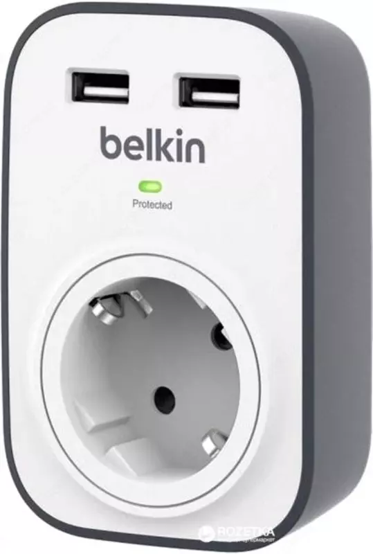 Сетевой фильтр Belkin 1XSchuko, c защитой от перенапряжения, 2xUSB 2.4A, 306 Дж, UL 500 В, белый (BSV103vf)