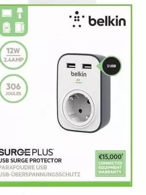 Сетевой фильтр Belkin 1XSchuko, c защитой от перенапряжения, 2xUSB 2.4A, 306 Дж, UL 500 В, белый (BSV103vf)