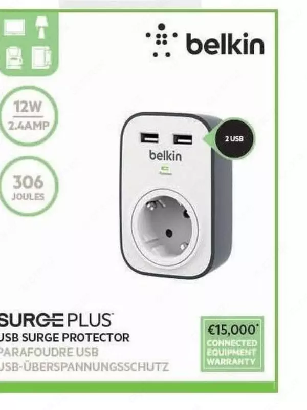 Сетевой фильтр Belkin 1XSchuko, c защитой от перенапряжения, 2xUSB 2.4A, 306 Дж, UL 500 В, белый (BSV103vf)
