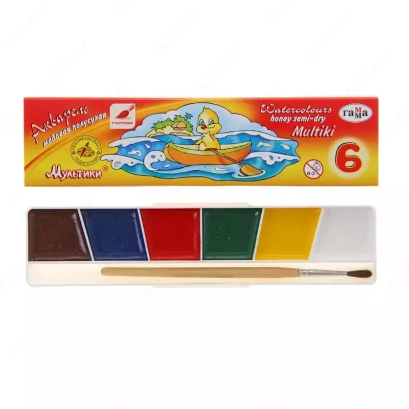 Акварель "Гамма Мультики" медовая, с кисточкой (6 цветов) Арт. - 211047