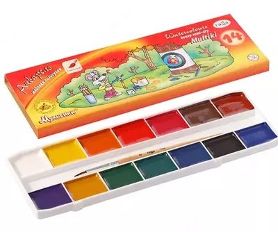 Акварель "Гамма Мультики" медовая, с кисточкой (14 цветов) Арт. - 211051