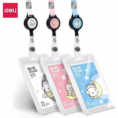 Бейджик вертикальный "Deli" на ленте, с ретрактором 86 х 57 мм (Арт. - 64805-wt)