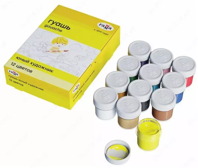Цветная гуашь Гамма "Юный художник NEW" баночка 17.5 мл. (12 цветов) Арт. - 221008