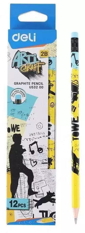 Чернографитный Карандаш "Deli Arti Graff" с ластиком 2В (Арт.-53200-WU-12pcs)