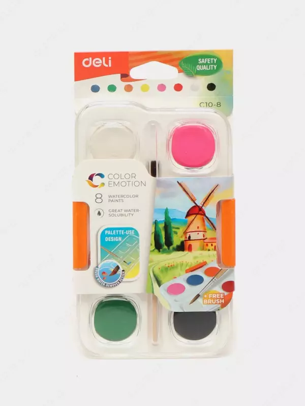 Акварельные краски "Deli" с кисточкой (8 цветов) Арт. - 10-8-C
