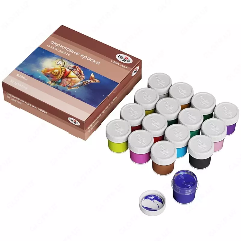 Dekorativ akril bo'yoqlar Gamma "Hobbi" 16 rang / 20 ml. (- 1401201-modda)