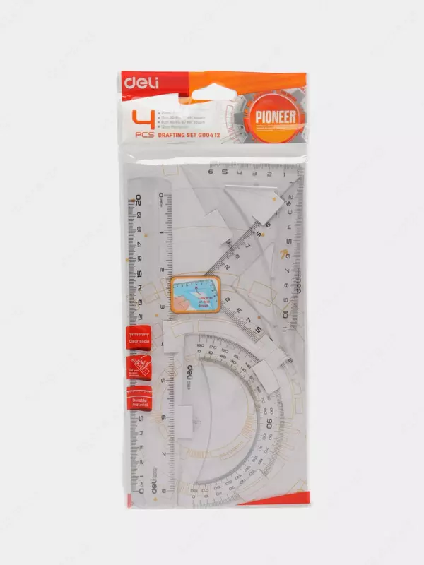 Geometrik o'lchagichlar to'plami Deli "Pioner" 4 dona. (Art. No - 00412-EG) Shaffof