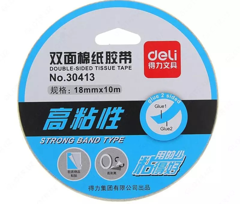 Ikki tomonlama yopishtiruvchi o'rnatish lentasi "Deli" 18 mm x 10 m (Art. - 30413) Shaffof