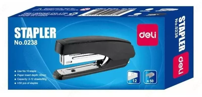Канцелярский мини-степлер "Deli" № 10, 15 листов (Арт. - 0238) Ассорти