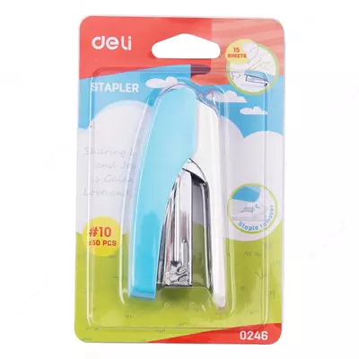 Канцелярский мини-степлер "Deli" № 10, 15 листов (Арт. - 0246) Ассорти