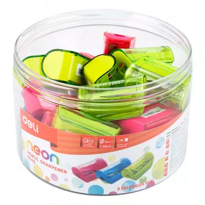 Deli "Neon" plastik qalam o'tkirlagich, konteynerli qo'llanma (Kod - 0545) Turli xil
