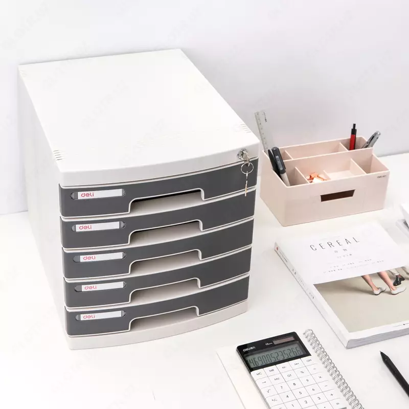 Stol fayl shkafi "Deli" 5 ta tortma + qulf (m.- 8855) Kulrang/oq