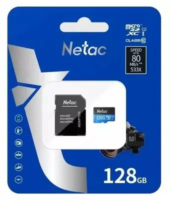 Карта памяти microSD "Netac" 128GB, C10, UHS-I R80MB/s + SD (Арт. - NT02P500STN-128G-R) Синяя/Черная