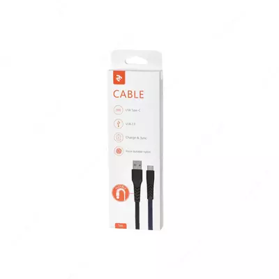 Кабель для подключения и синхронизации "2Е" USB-2.0 - Type-C, 1 м (Арт. - 2E-CCTT-1MBL) Черный/синий