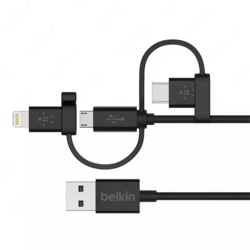 Universal kabel "Belkin" USB 2.0 Micro USB/USB-C/ Lightning ulagichlari, 1,2 m (Art. - F8J050bt04-BLK) Qora