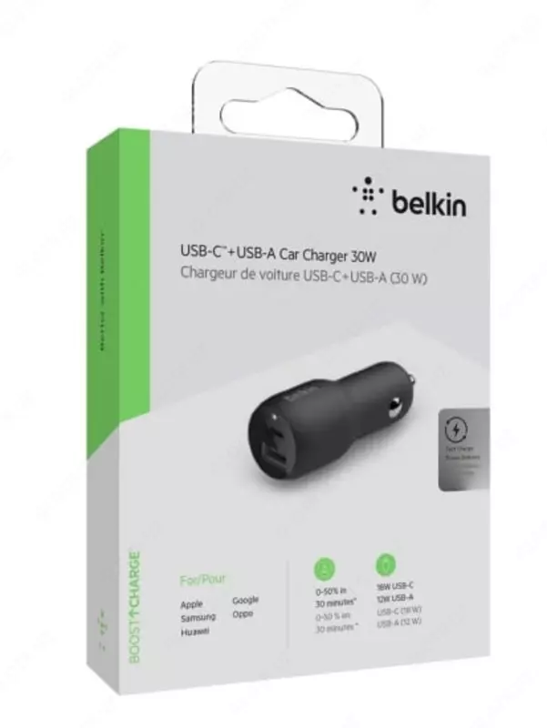 Автомобильное зарядное устройство "Belkin" 18W Port USB-C, 12W USB-A (Арт. - F7U100BTBLK) Черное