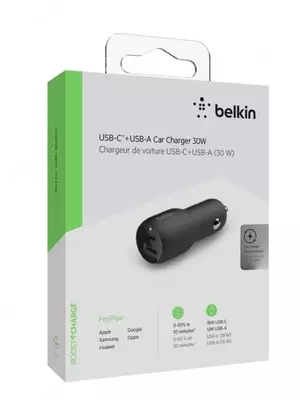 Avtomobil zaryadlovchi  Avtomobil zaryadlovchi "Belkin" 18W Port USB-C, 12W USB-A (Art. No. - F7U100BTBLK) Qora