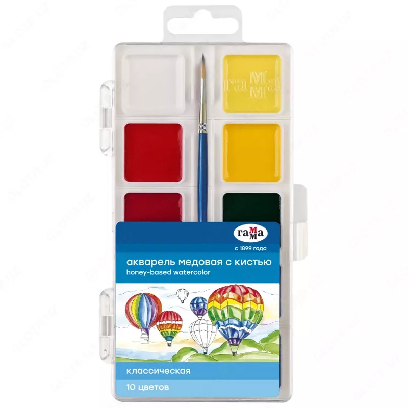 Акварель Гамма Классическая  медовая  10 цветов  c кистью  пластик. упак.  европодвес NEW