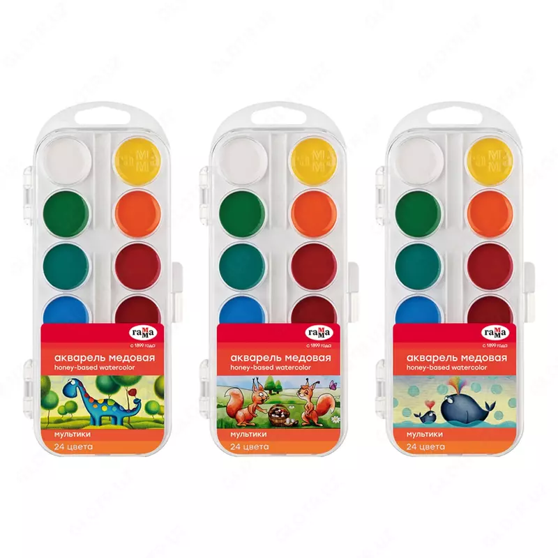 Акварель Гамма Мультики NEW  медовая  24 цветов  без кисти  пластик  европодвес