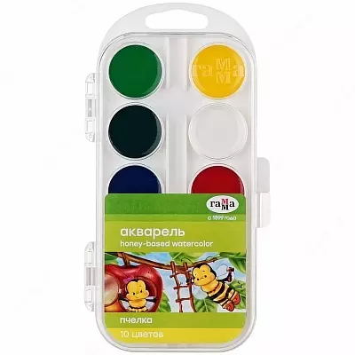 Акварель Гамма "Пчелка NEW", медовая,10 цветов, без кисти, пластик, европодвес