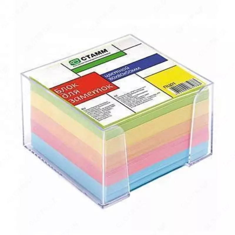 Блок для записи Стамм "Офис", 8*8*5см, прозрачный пластиковый бокс, цветной