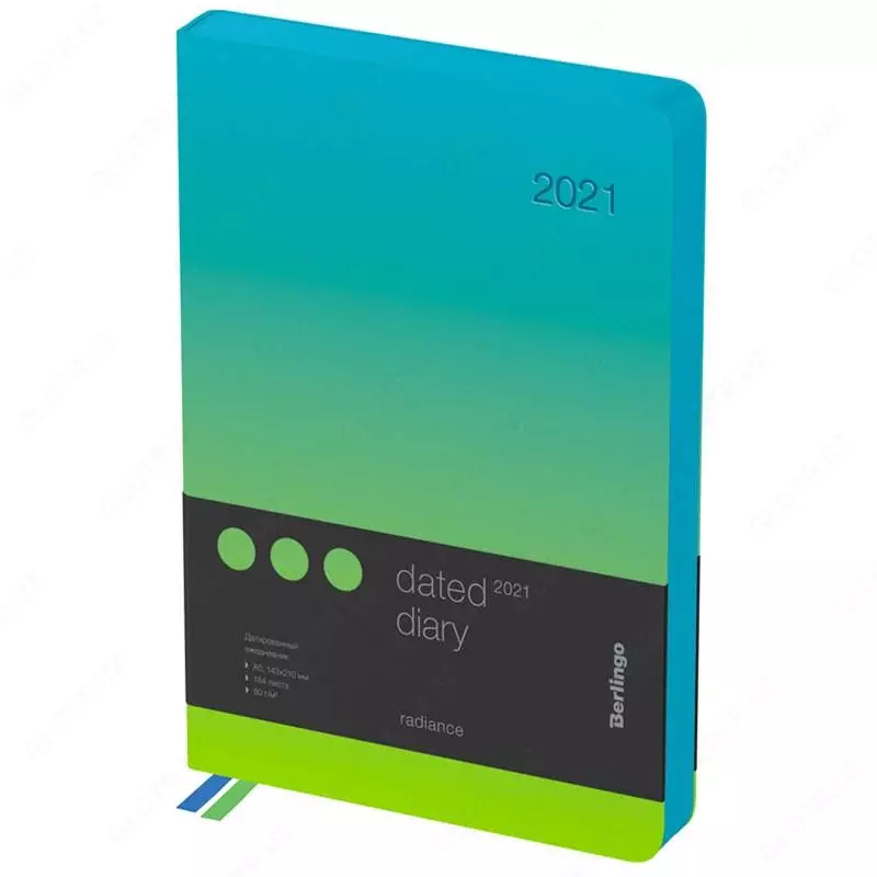 Kundalik 2021 yil, A5, 184 varaq, teri, Berlingo "Radiance", yashil/ko'k gradient