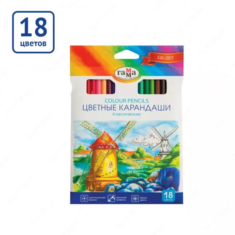 Rangli qalamlar "Klassik", 06 rang, o'tkir, karton. paket, evro to'xtatib turish