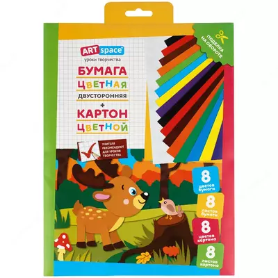 Набор цв.немел.картона 8л. и двусторон.газет.цв.бумаги 8л., A4, ArtSpace, в папке,  Набор цв.немел.картона 8л. и двусторон.газет.цв.бумаги 8л., A4, ArtSpace, в папке, "Олененок"