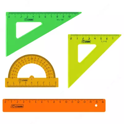 Набор чертежный малый Стамм, (треуг. 2шт., линейка 16см, транспортир) "Neon", ассорти