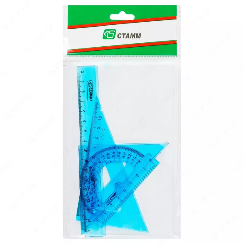 Набор чертежный малый Стамм, (треуг. 2шт., линейка 16см, транспортир), прозрачный тонированный