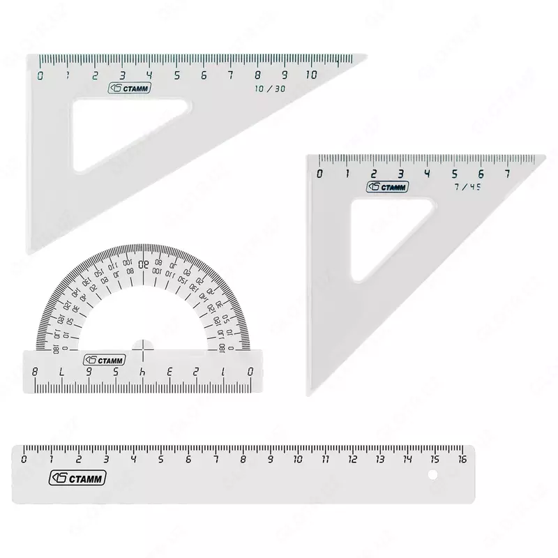 Набор чертежный малый Стамм, (треуг. 2шт., линейка 16см, транспортир), прозрачный, бесцветный