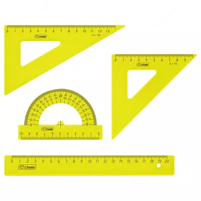 Набор чертежный средний Стамм, (треуг. 2шт., линейка 20см, транспортир), "Neon Cristal", ассорти